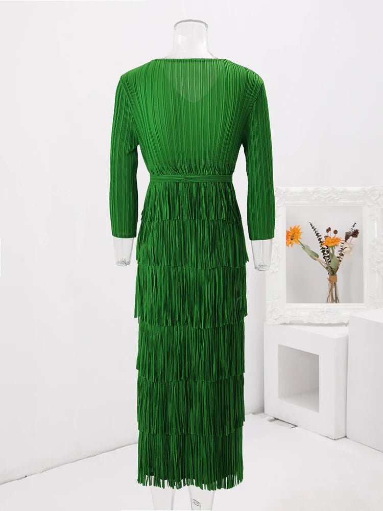 Solid Pleated Fringe Dress