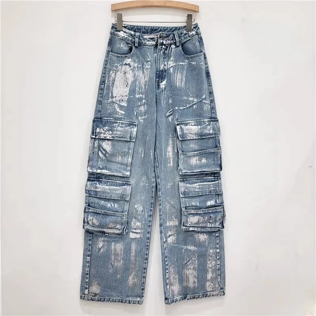 High Waist Straight Wide Leg Multiple Pockets Denim Pants