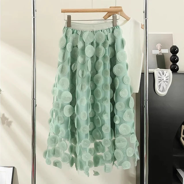 High-Waist Polka Dots A-Line Mesh Midi Skirt