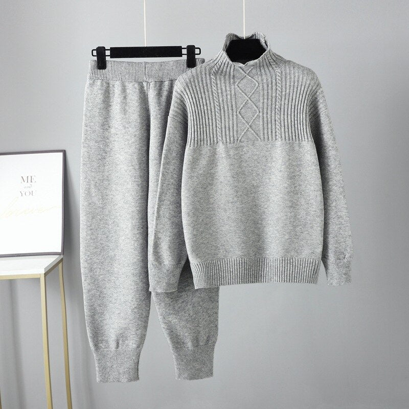 Solid Long Sleeve Knit Sweater + Loose Pants Set
