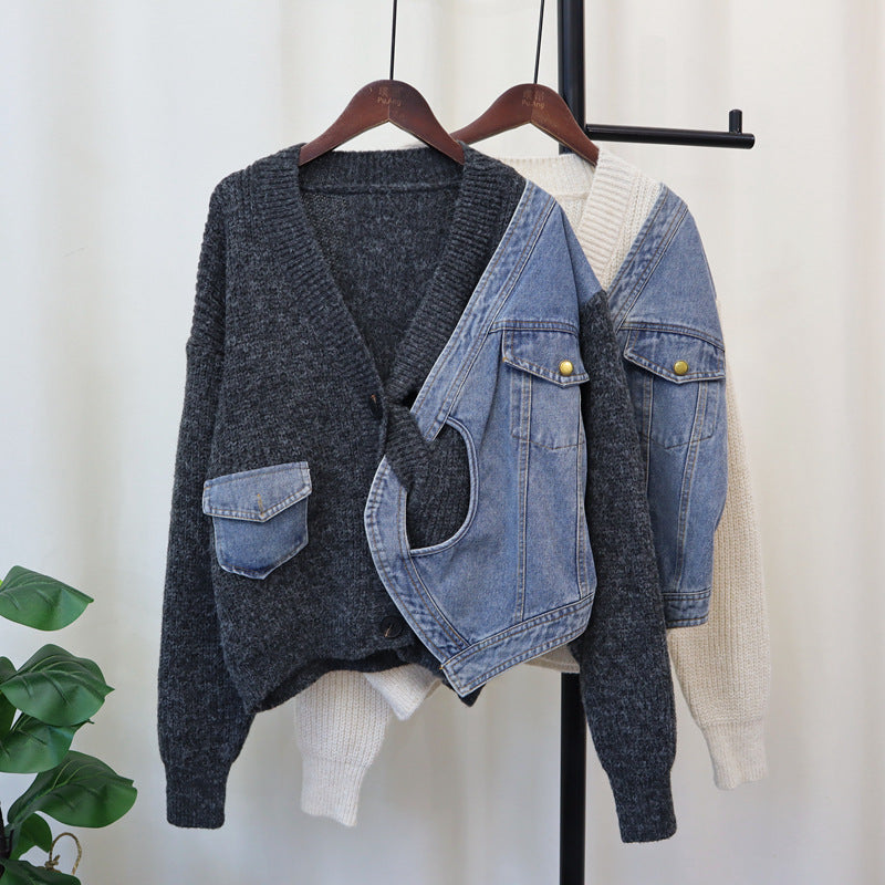 Casual Patchwork Denim Knitted Cardigan