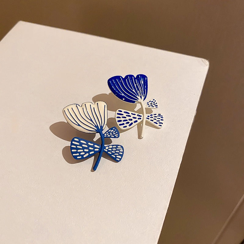 Asymmetric Blue + White Flower Earrings