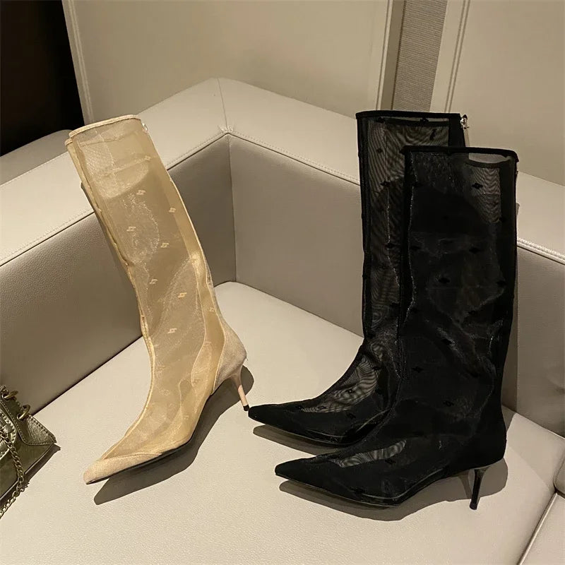 Mesh Knee-High Thin Heels Pointed Toe Boots