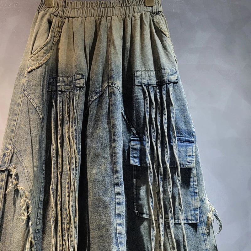 Loose High Elastic Waist Wide Leg Denim Pants