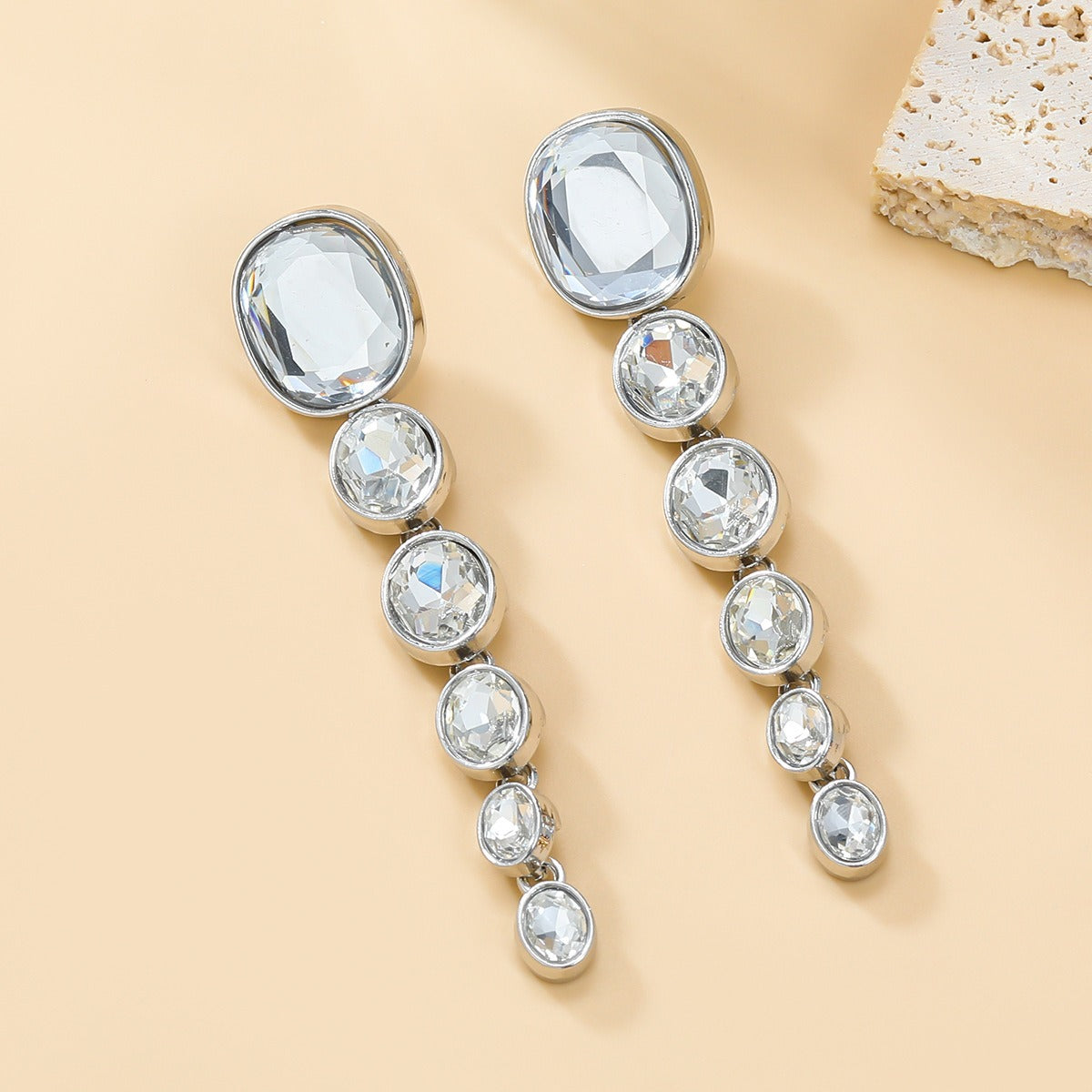 Multi layered Oval Water Diamond Long Earrings