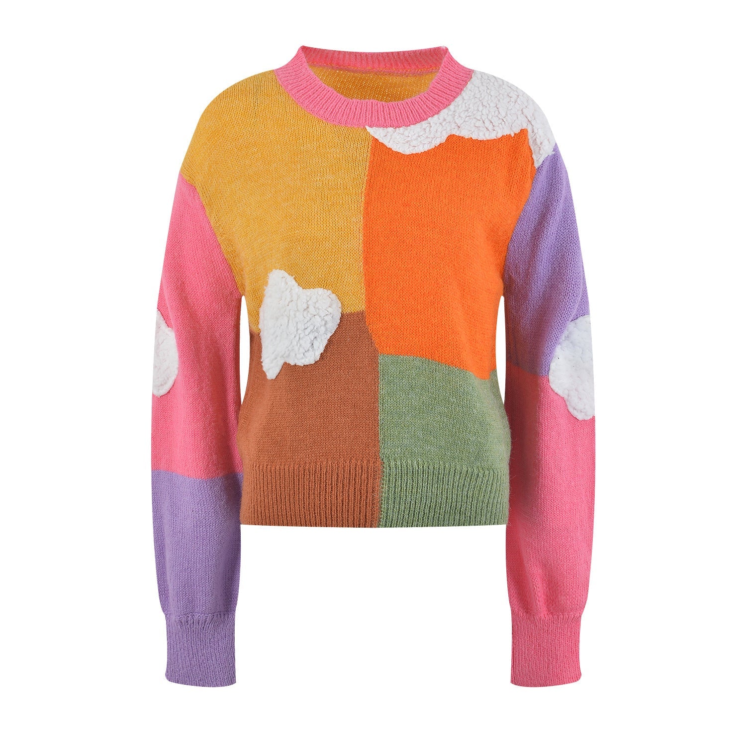 Color Block Cloud Round Neck Long Sleeved Knitted Sweater