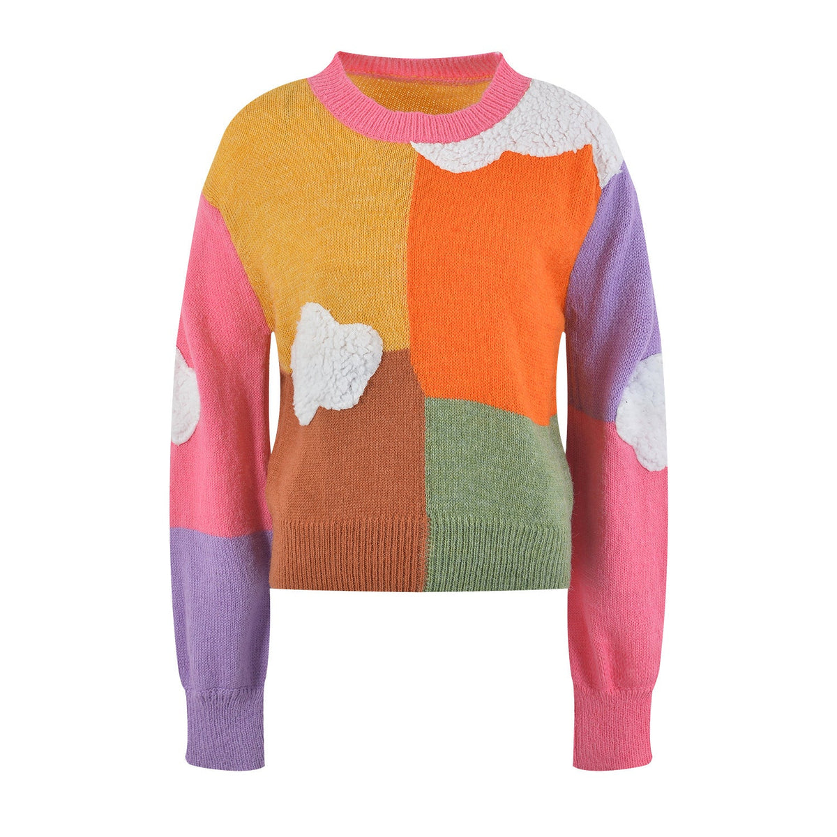 Color Block Cloud Round Neck Long Sleeved Knitted Sweater