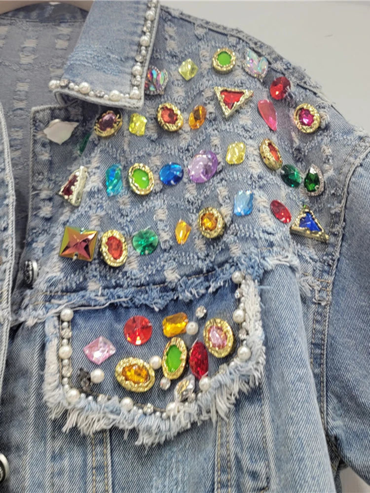 Colorful Diamond Pearl Burrs Ripped Denim Jacket