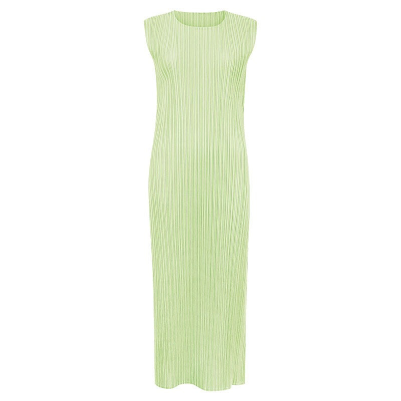 Solid Pleated Sleeveless Midi Dress