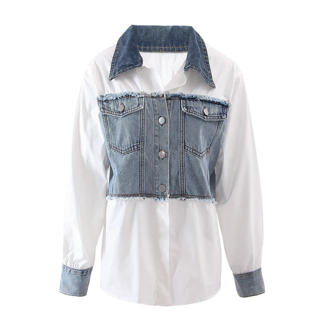 Denim Patchwork White Long Sleeve Collar Shirt
