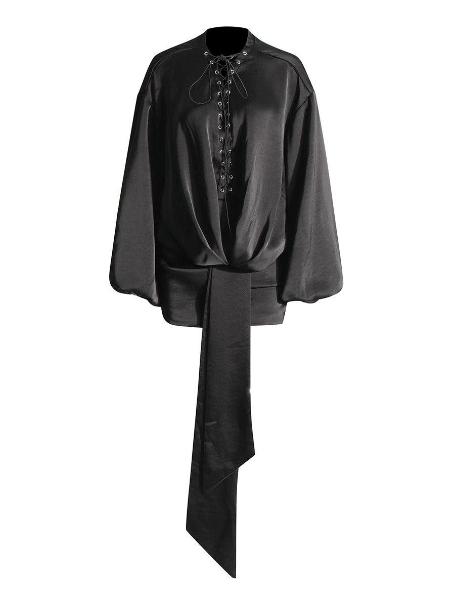 Sexy Elegant Satin Lace Chest Bubble Sleeves Mini Dress