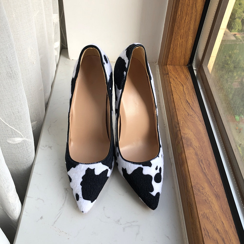 White Flock Pointed-Toe Cow Printed Shoes