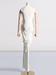 White Pleated Hip Hugging Maxi Dress