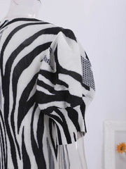 Puff Sleeve Animal Print Round Neck Pleated Dress