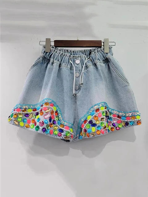 Colorful Diamond High Waist Wide Leg Denim Shorts