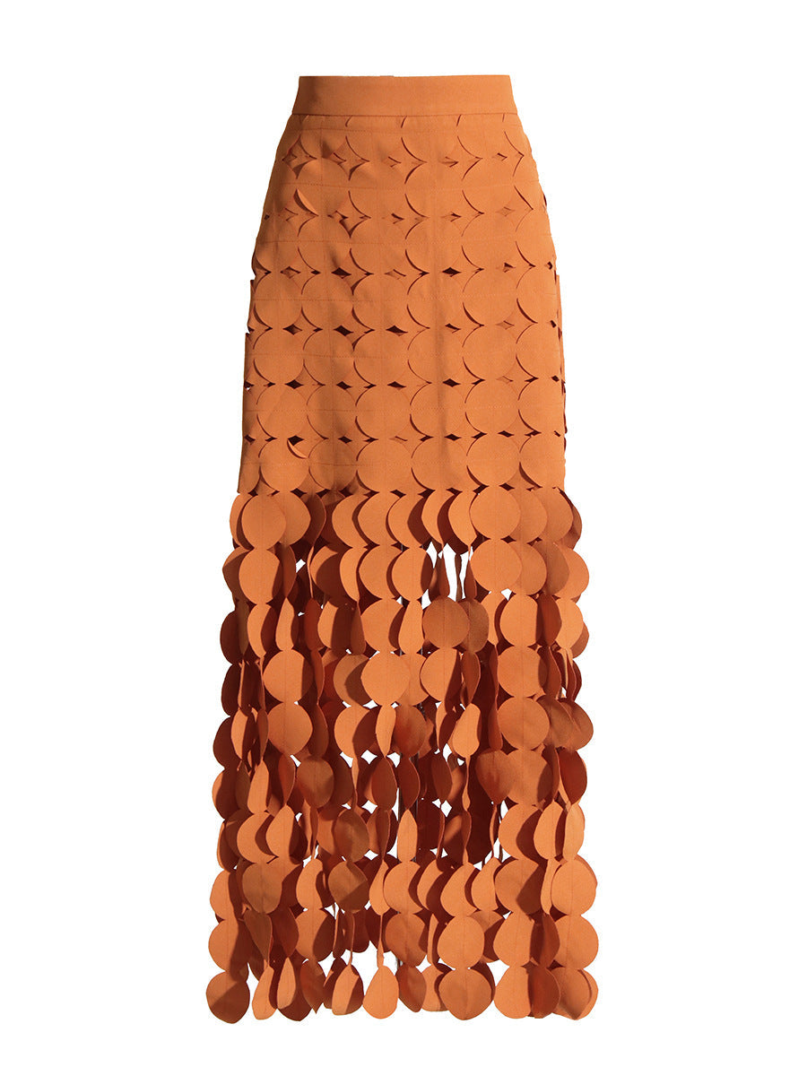 Solid Patchwork Tassel Hollow Out Skirt