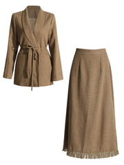 Solid Color Waist Suit Jacket + Tassel Skirt