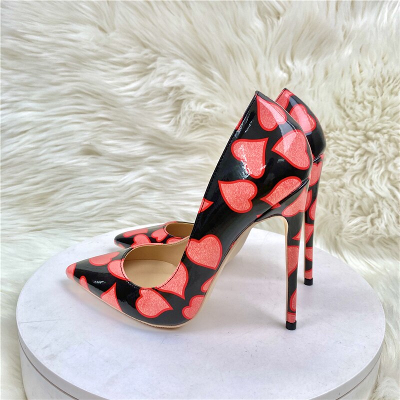 Red Patent Heart Printed Pointed-Toe Shoes