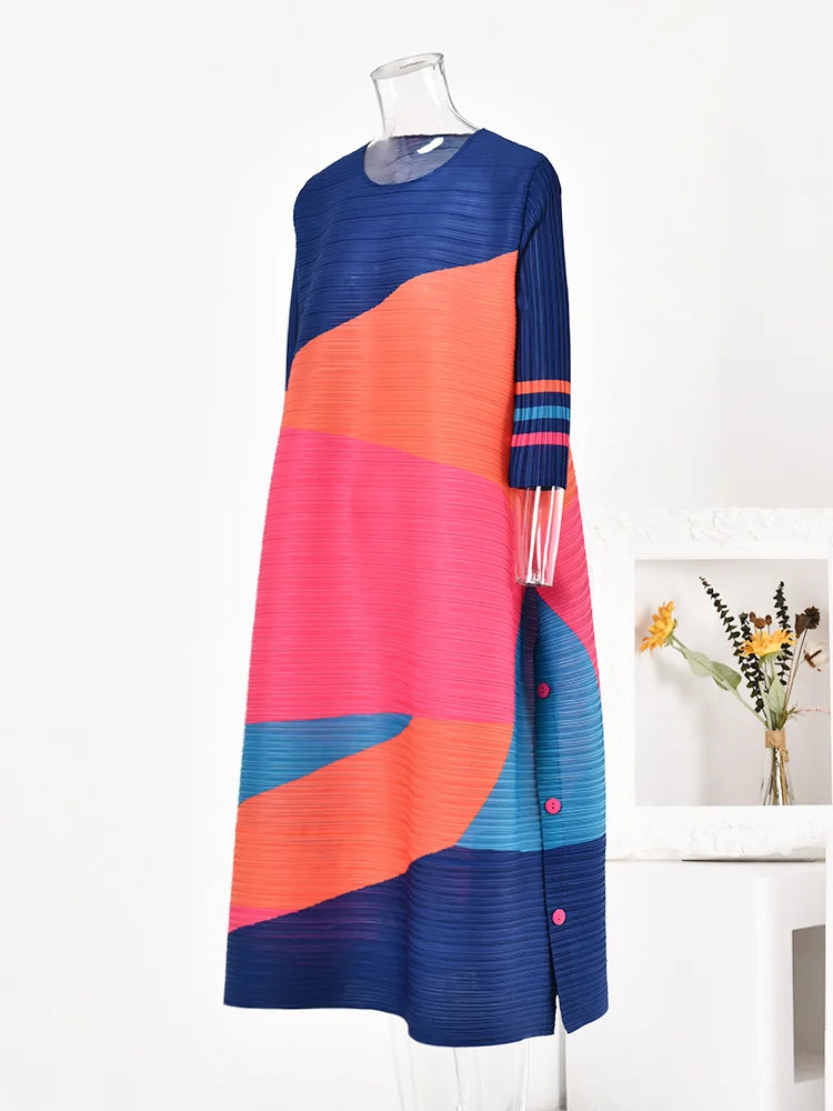 O-Neck Colorblock Printed Pleated Dress