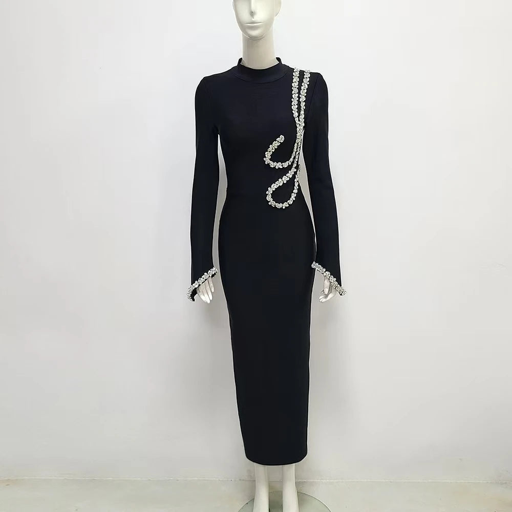 Black Long Sleeve Crystal Bandage Dress