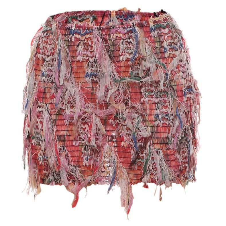 Striped Tassel Hip Hugging Mini Skirt