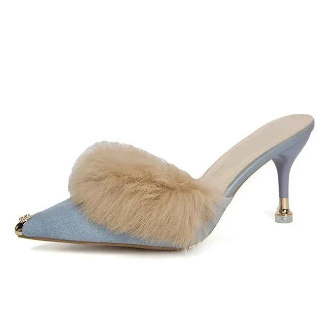 Metal Tip Faux Fur Mules