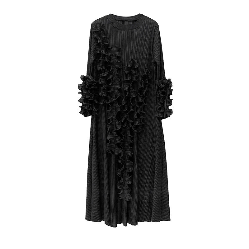 Black Ruffle Edge Pleated Long Sleeve Dress