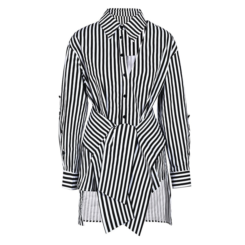 Striped Waist Strap Mid Length Shirt