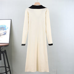 Color Block V-Neck False Pockets Knitted Midi Dress