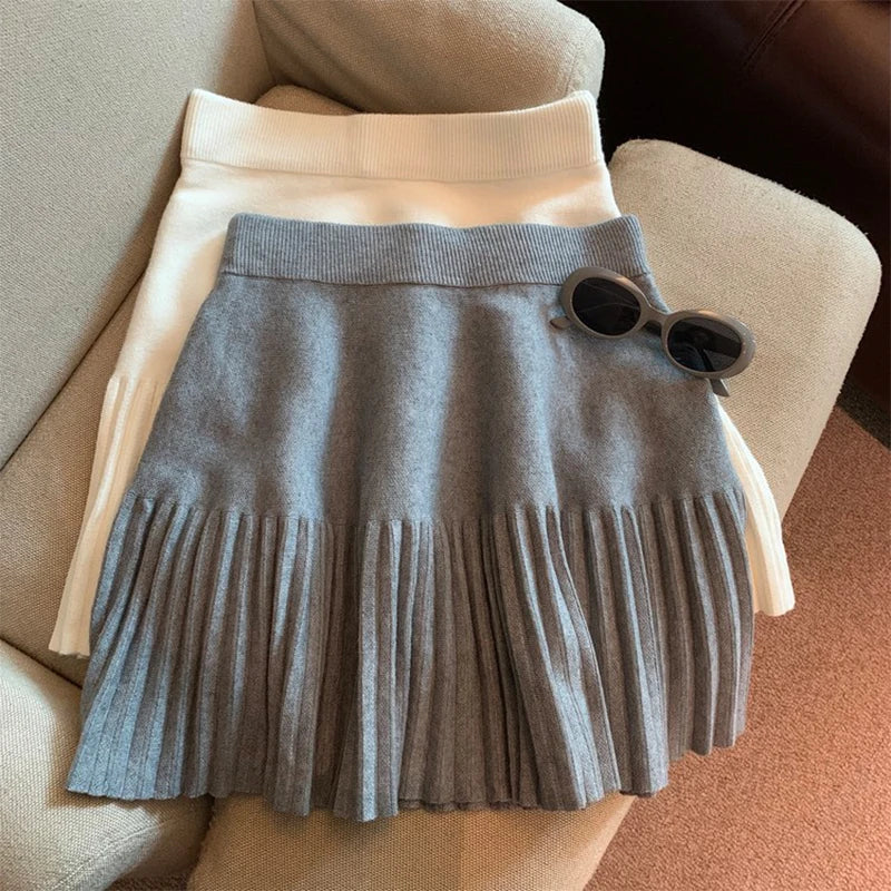 High-Waist Pleated Knit Mini Skirt