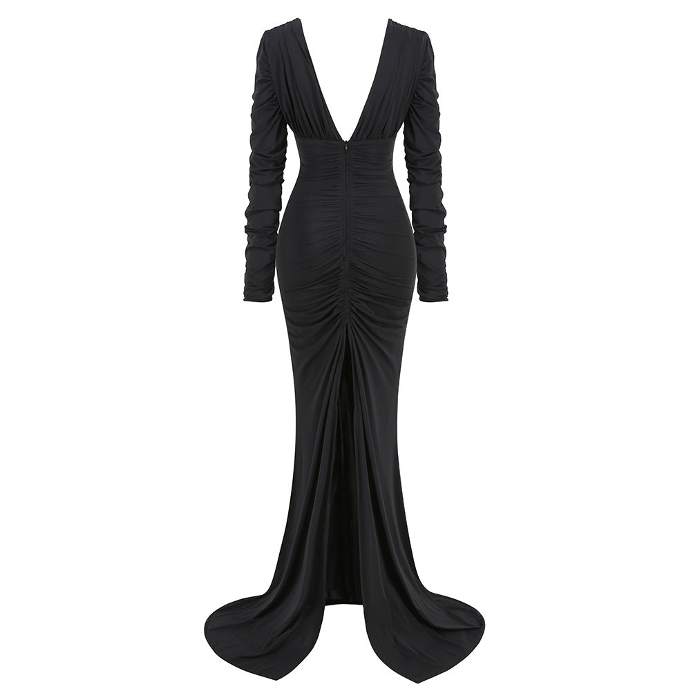 Pleated Deep V Long Sleeved Fishtail Pleated Dress
