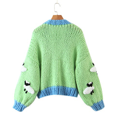 Animal Pattern Handmade Coarse Needle Knitted Long Sleeve Cardigan