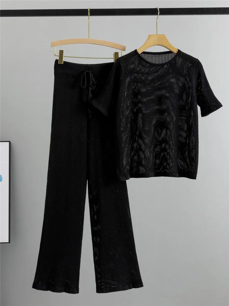 Semi Transparent Loose Knit T-Shirt + Wide Leg Pants Set