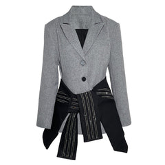 Grey Patchwork Diamond Bandage Single Breasted Blazer