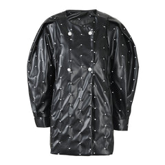 Polka Dot Double Breasted Bubble Sleeve PU Jacket