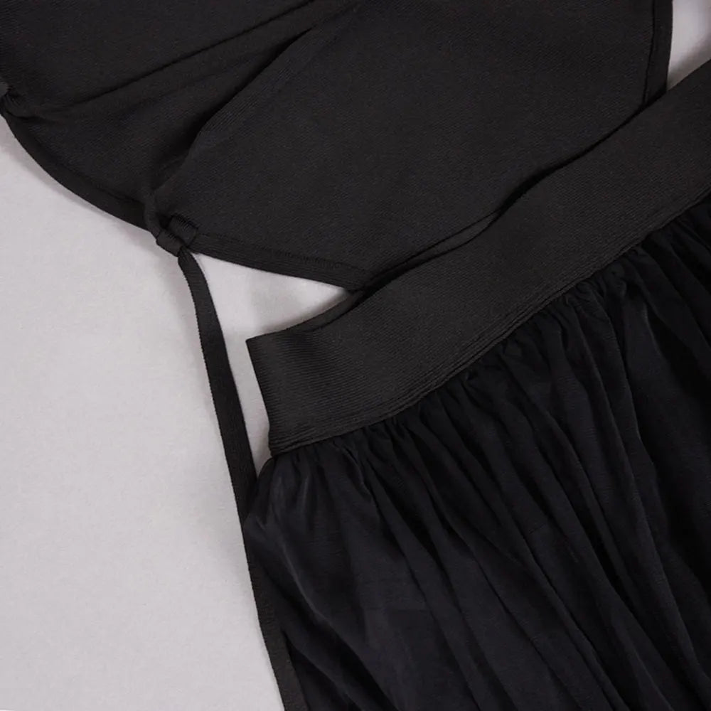 V Strap Mesh Hip Wrapped Maxi Dress