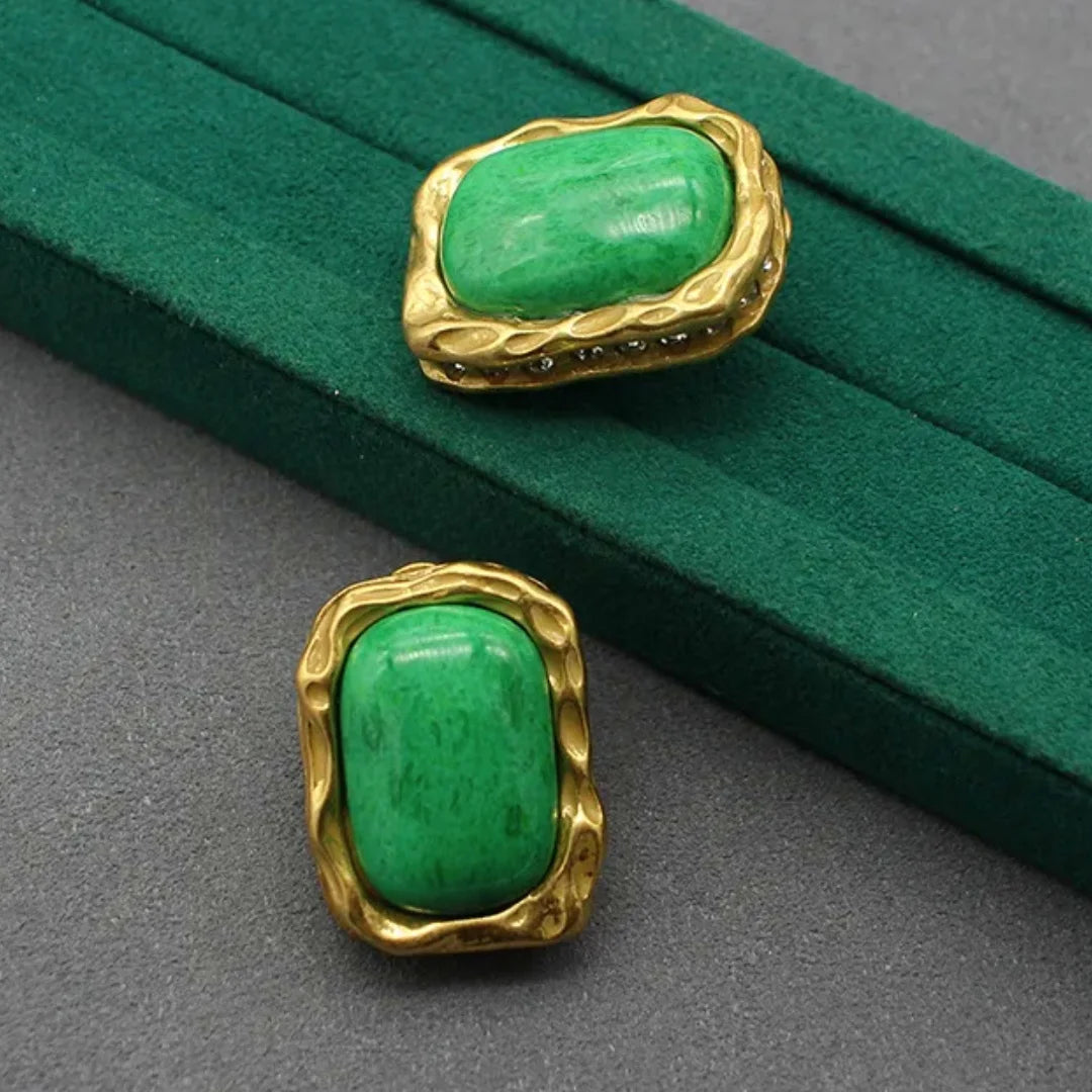 Medieval 925 Silver Needle Green Stone Earrings