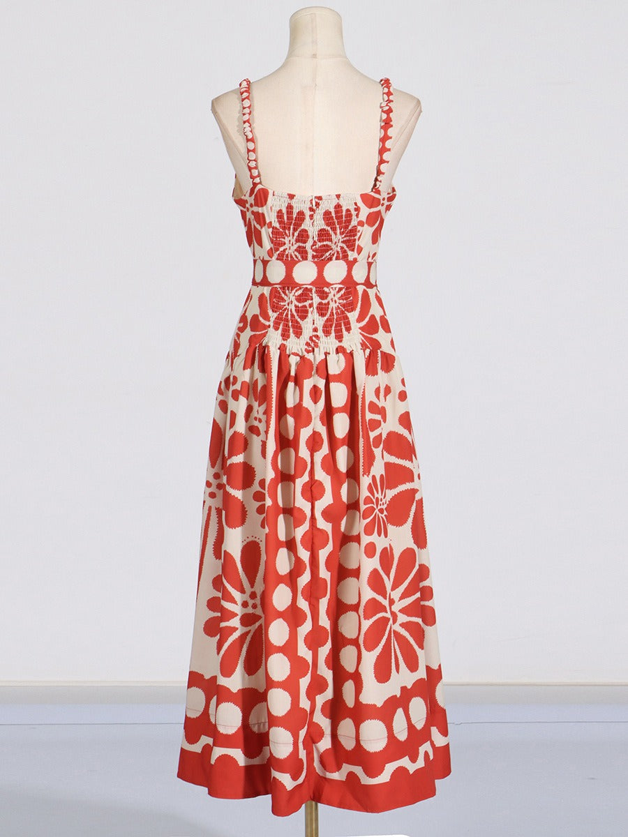 Red Print A-Line Midi Dress