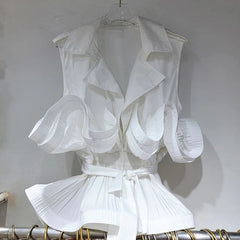 V-Neck Folded Spliced Sleeveless Lace-Up Waist Top