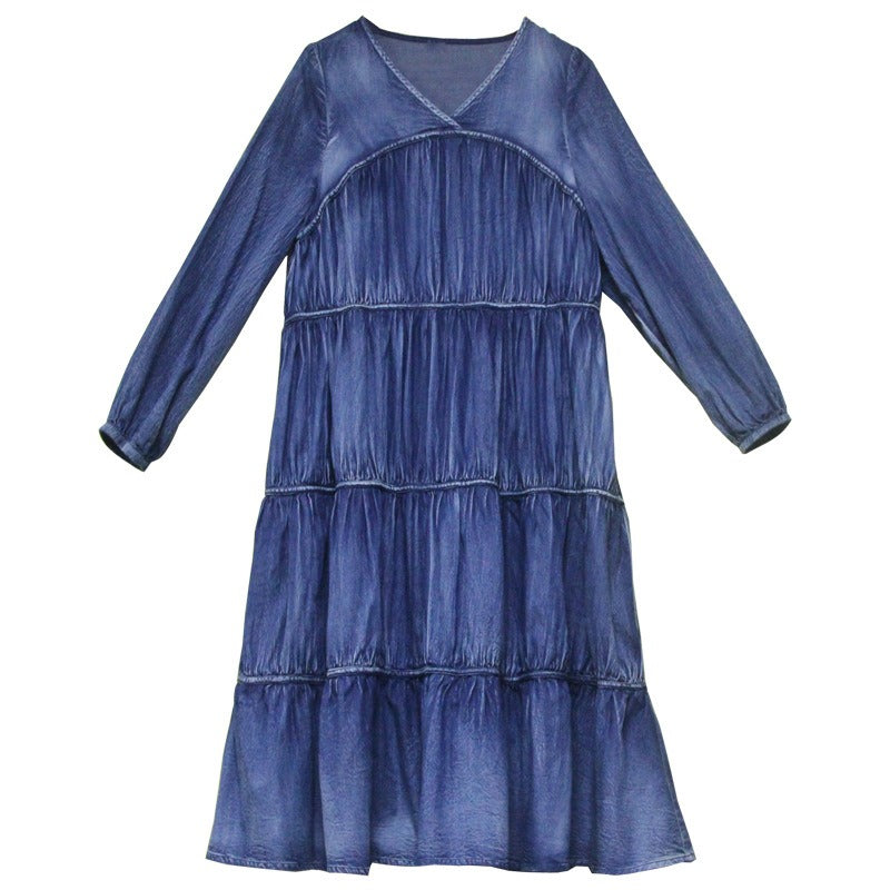 Retro Pleated Denim Loose Midi Dress