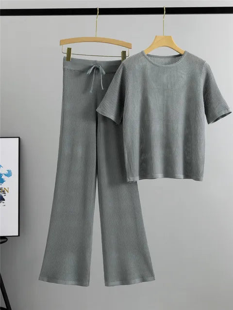 Semi Transparent Loose Knit T-Shirt + Wide Leg Pants Set