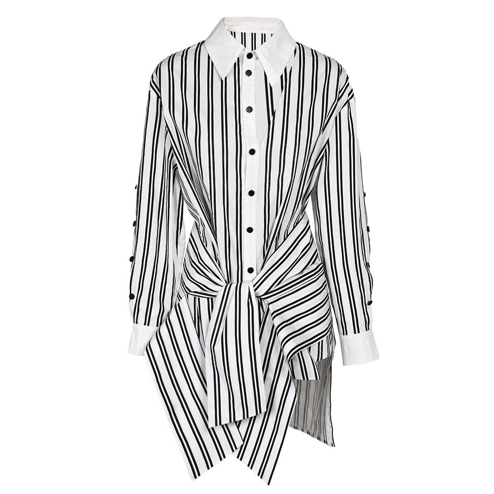 Striped Waist Strap Mid Length Shirt