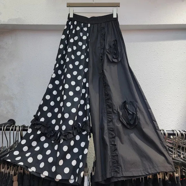 Polka Dot Patchwork 3D Flower Wide Leg Trousers