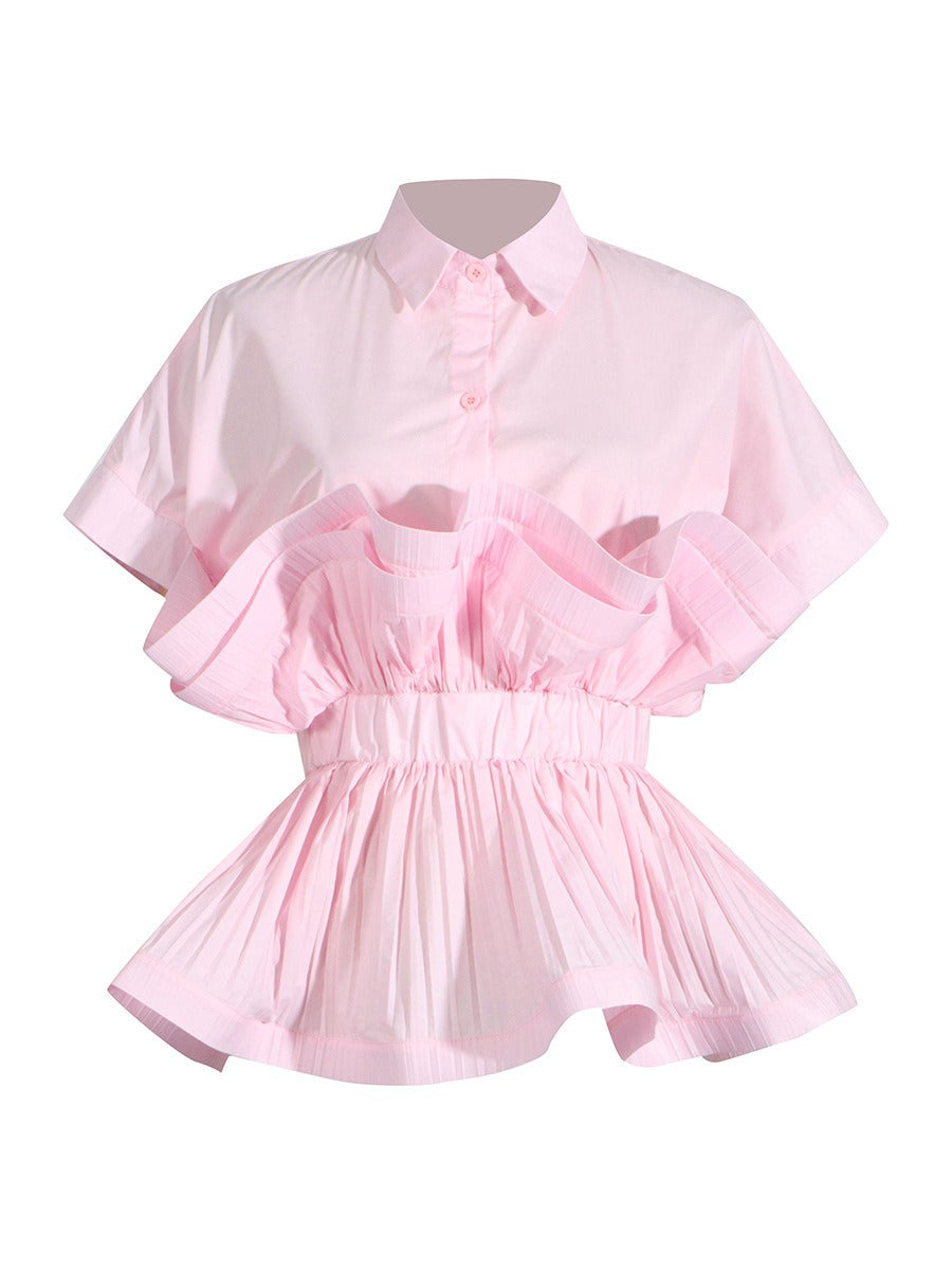 Ruffle Edge Patchwork Waist Cinching Short Sleeved Shirt