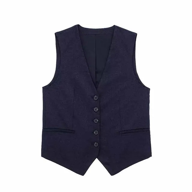 Solid Button Sleeveless Linen Vest + Shorts Set