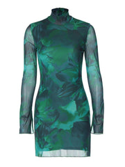 Mesh Casual Printed Hip Wrapped Mini Dress