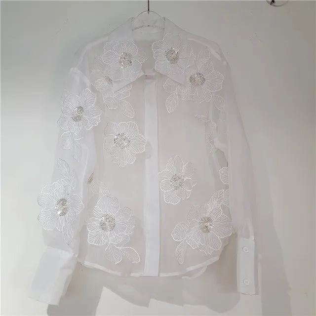 Sequined 3D Flower Micro Transparent Thin Blouse