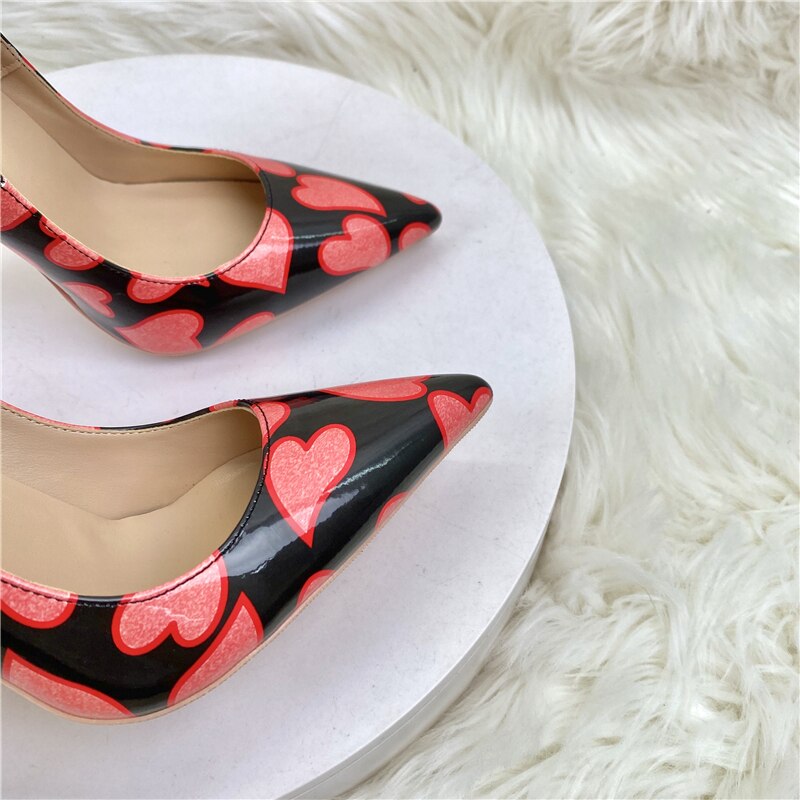 Red Patent Heart Printed Pointed-Toe Shoes