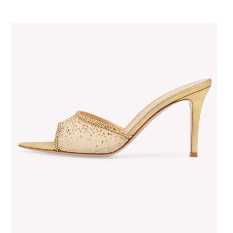 One Line Pointed Fish Mouth Mesh Water Diamond Stiletto Sandals