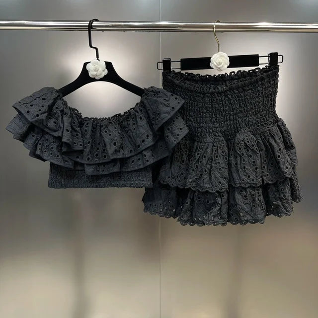 Ruffle Embroidered Hollow Top + Skirt Sets